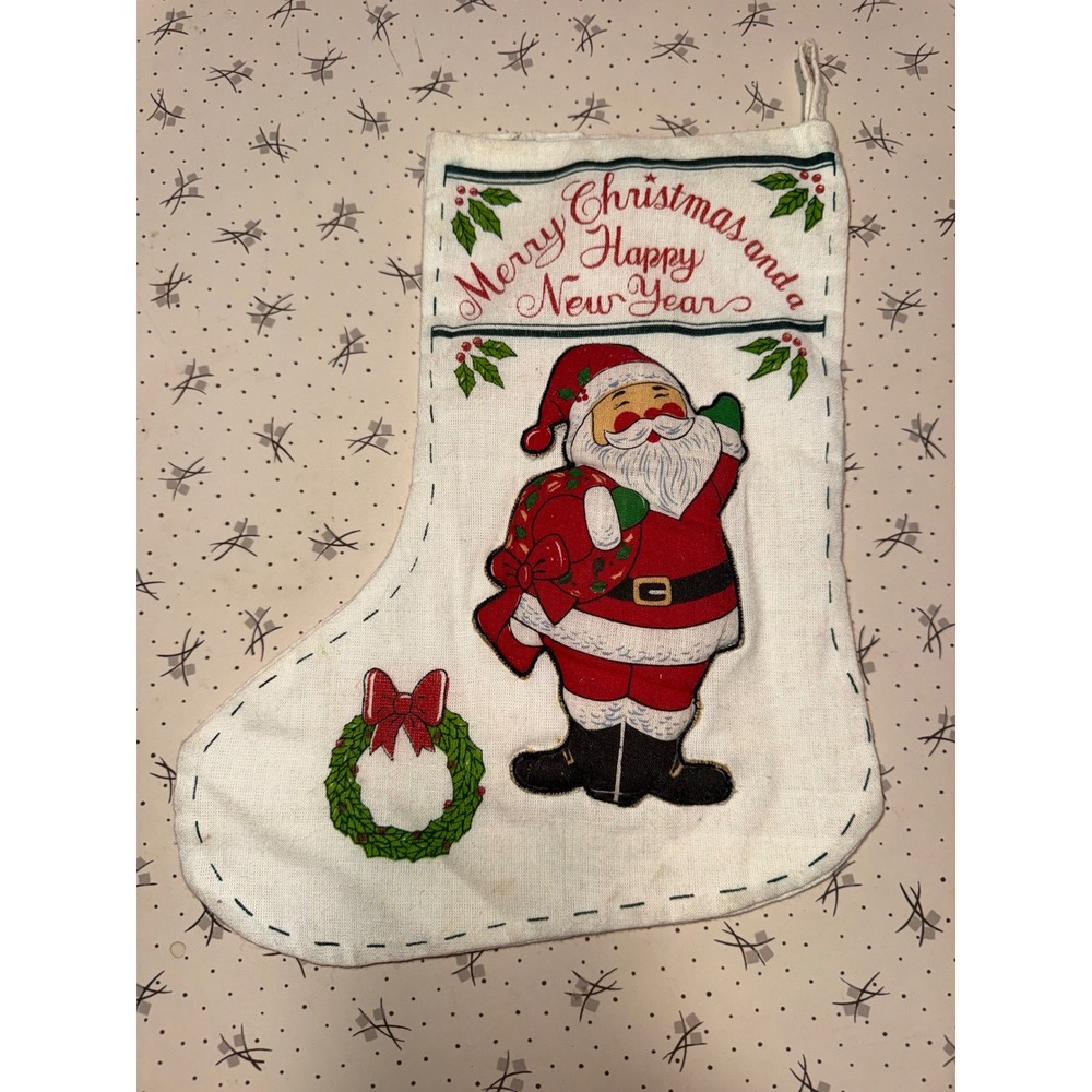 Vintage 80s Linen Christmas Stocking 3D Santa Claus Applique Merry Christmas New